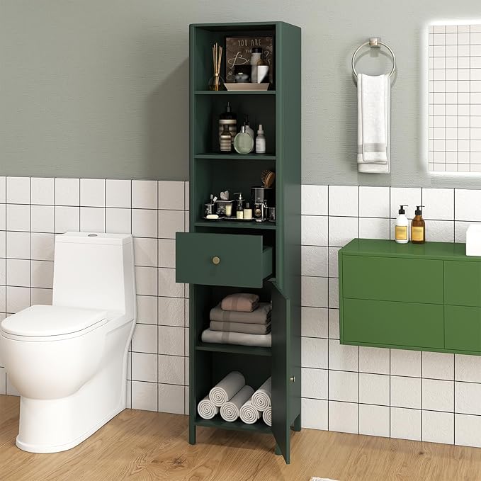 Tangkula 67" Tall Bathroom Cabinet, Narrow Floor Cabinet w/Fluted Door, 3 Open Shelves & 1 Drawer, Freestanding Storage Organizer w/Adjustable Shelf & Anti-tip Kit for Kitchen, Living Room (Green)