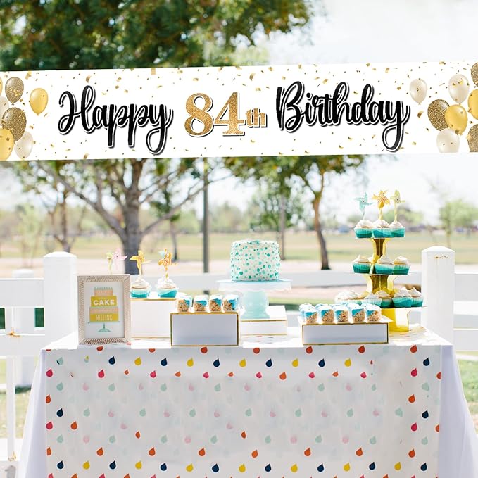 Happy 84th Birthday Decorations,84th Gold Balloon Large Birthday Hanging Banner Sign - Cheers to 84 Years Old Bday Party Supplies.