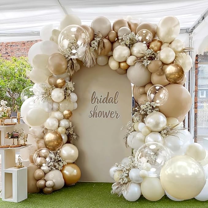 White Sand Gold Balloon Garland, Double Stuffed Pearl White Gold Cream Beige Balloons Clear Bobo Latex Balloon Arch Kit for Wedding Bridal Shower Birthday Baby Shower Gender Reveal Party Decorations