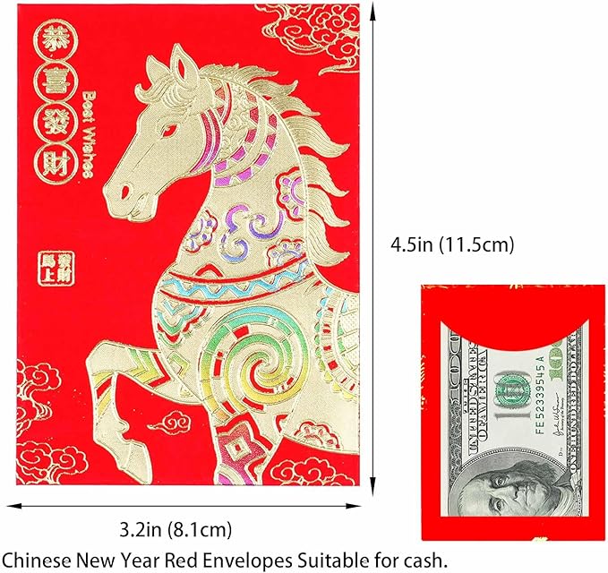 Red Envelopes Chinese New Year Of The Horse 2026, Lucky Money Envelopes For Lunar New Year, 红包, Li Xi Hongbao With 6 Gold Embossed Patterns Colorful 72Pcs Medium