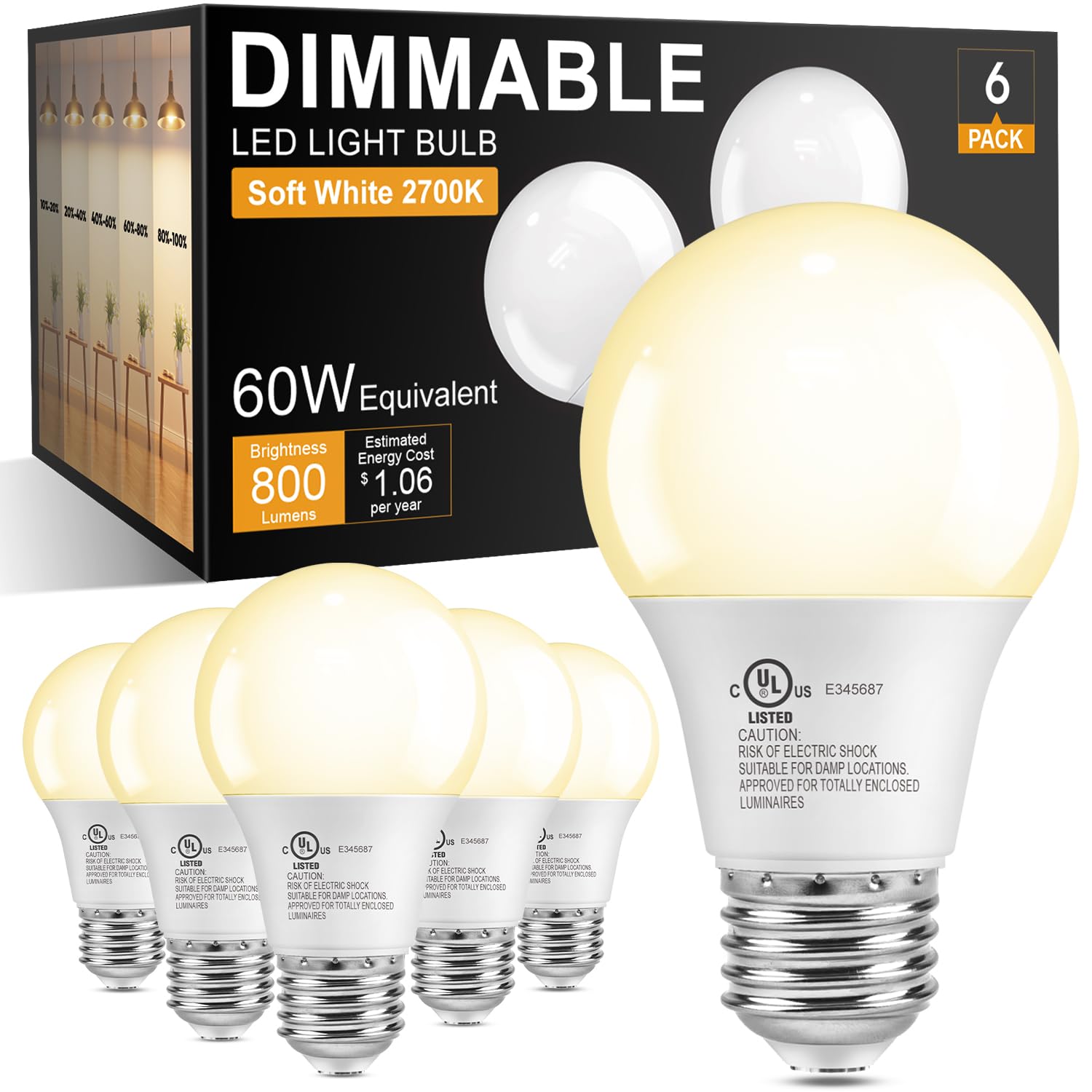 TJOY A19 Dimmable LED Light Bulbs, E26 Led Bulbs 60 Watt Equivalent, Warm Soft White 2700K, 800 Lumens Standard Base, Energy Saving Lightbulbs, Efficient 9W, 120V, 15,000 Hour Lifetime, 6 Pack