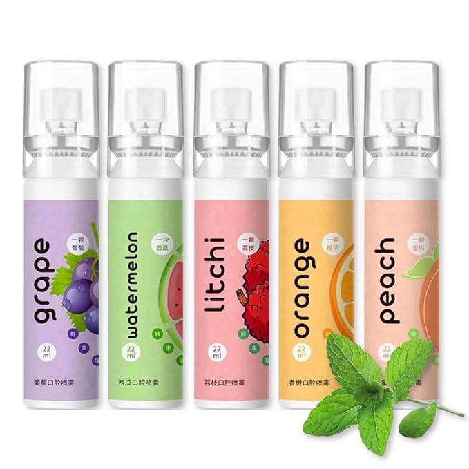 5PCS Fruit Oral Breath Spray, Mouth Breath Freshener, Natural Fresh Breath Freshener Spray, Portable Mint Dry Mouth Spray Effective Refreshing Bad Breath Treatment Oral Odor Care Mist Sprays for Adult