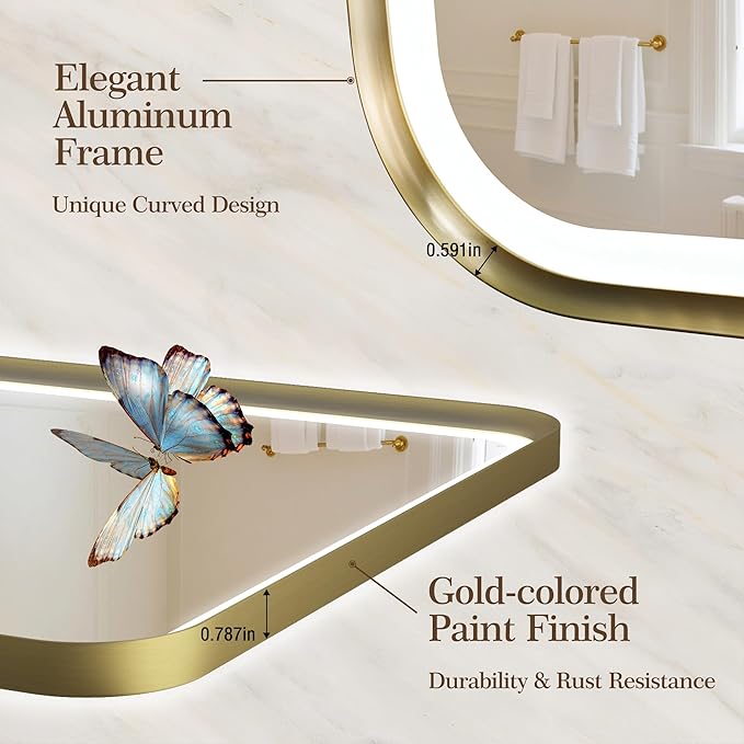 S'bagno 32X24 Gold LED Mirror for Bathroom with Frontlit & Backlit, LED Bathroom Mirror with Metal Frame, Anti-Fog, Stepless Dimmable, 3 Colors Temperature LED Vanity Mirror(Horizontal/Vertical)