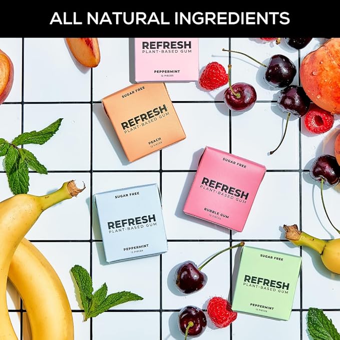 Refresh Gum, Xylitol, Natural, Sugar Free, Plastic Free, Organic Ingredients, Non GMO, Peppermint, Garden Mint, Bubble Gum, Peach & Raspberry Variety Pack, 12 Pcs, 6 Pack