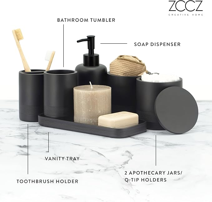 ZCCZ Black Matte Bathroom Accessories Set 6 Pieces - Toothbrush Holder, Lotion Dispenser, Qtip Container, Vanity Tray, Tumbler - Countertop Organizer for Bathrooms - Elegant and Functional Décor Set