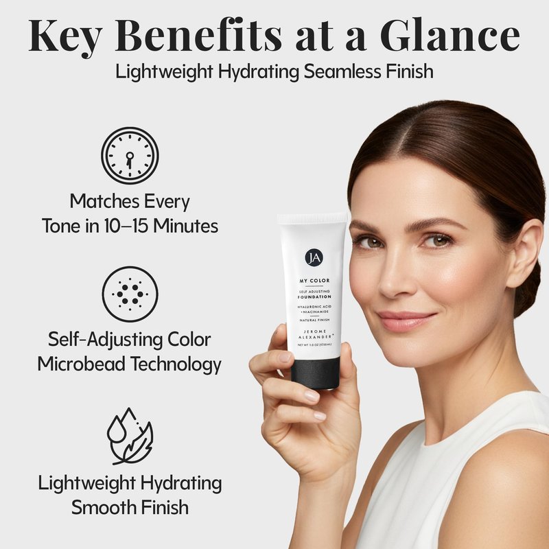 Jerome Alexander My Color Self-Adjusting Foundation, Hydrating & Lightweight Face Makeup, Skincare-Infused, with Kabuki Brush, Medium, 1 oz