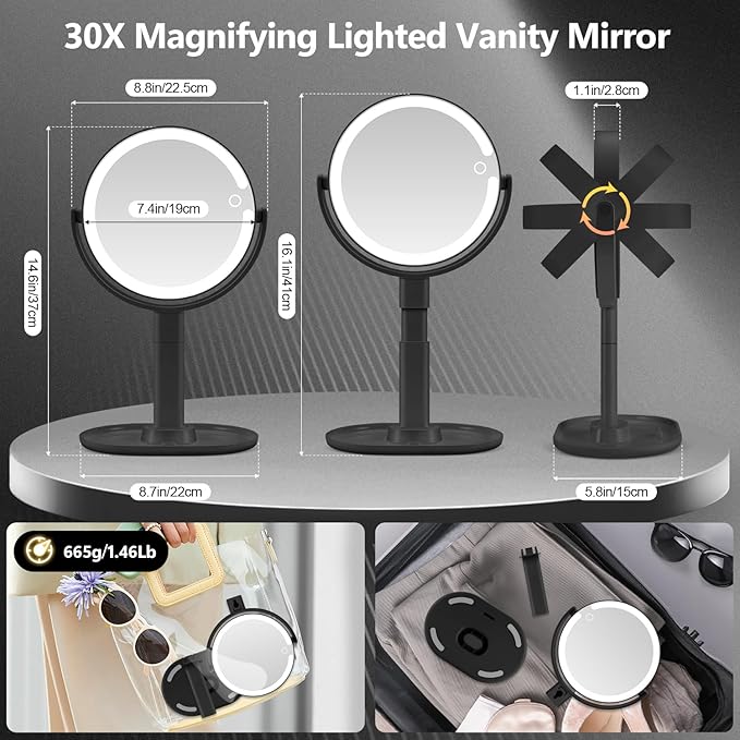 MIYADIVA Makeup Mirror with Lights, 30X Magnifying Mirror with Light and Touch Switch, Vanity Mirror with 3 Color Light and 80 LEDs, Height Adjustable Desk Mirror with Lights, Black