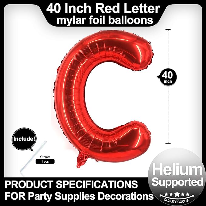40 Inch Red Letter C Balloons, DIY Phrase Foil Alphabet Letter C Balloons DIY Word C Banner for Birthday Anniversary Celebration Graduation Party Supplies Decoration