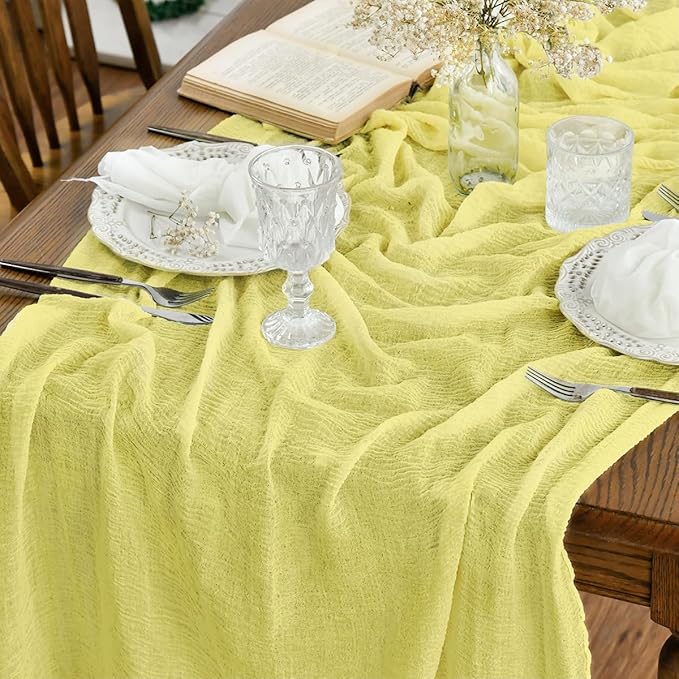 Artoid Mode Boho Light Yellow Gauze Wedding 6Pcs Table Runner, 120 Inch Seasonal Fabric Kitchen Dining Holiday Table Decor for Home Party Indoor