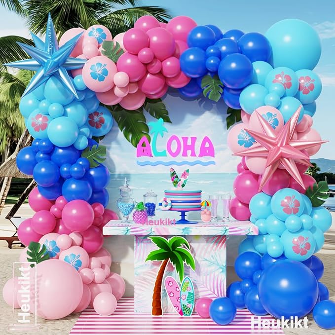 147Pcs Royal Blue and Pink Balloon Garland Arch Kit, Light Blue Pink Hibiscus Latex Balloons with Artificial Palm Leaves for Summer Tropical Hawaii Cartoon Birthday Party Decoration
