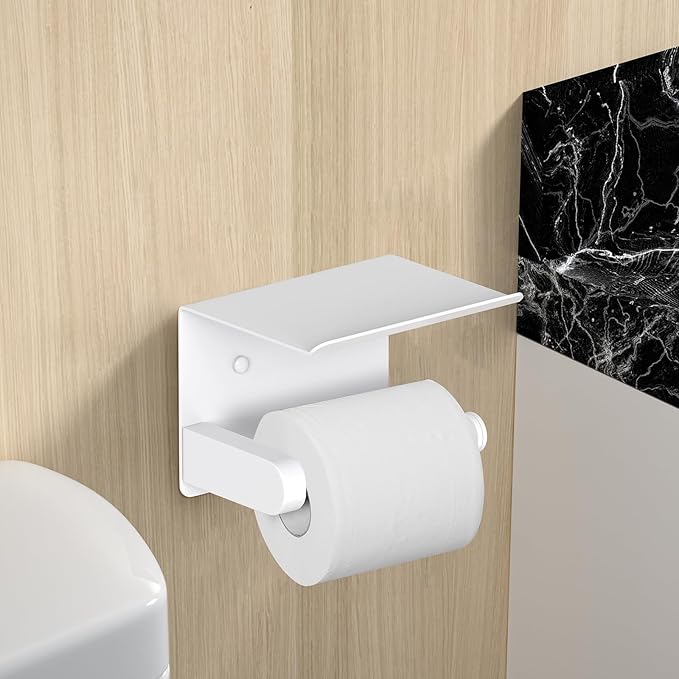 VAEHOLD Self Adhesive Toilet Paper Holder with Phone Shelf Stainless Steel Wall Mounted Toilet Paper Roll Holder - Bathroom Washroom Tissue Roll Holder with Storage Shelf - White
