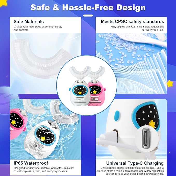 Kids U Shaped Electric Toothbrush with Music, 3 Modes, Voice Teaching, Mouthpiece Cleaning, Soft Bristle, Type-C Charging, Ages 3-12 Boys & Girls (Heroic White)