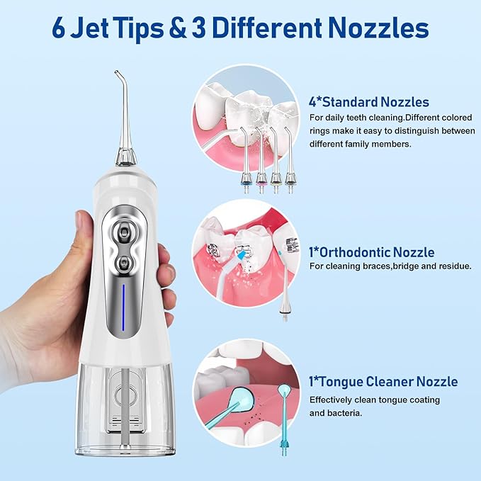 NBGRLVS Water Dental Flosser Cordless for Teeth Pick Cleaning - Powerful Oral Irrigator with 6 Adjustable Modes,320ML Portable & Rechargeable IPX7 Waterproof Cleaner Picks for Home Travel (White)