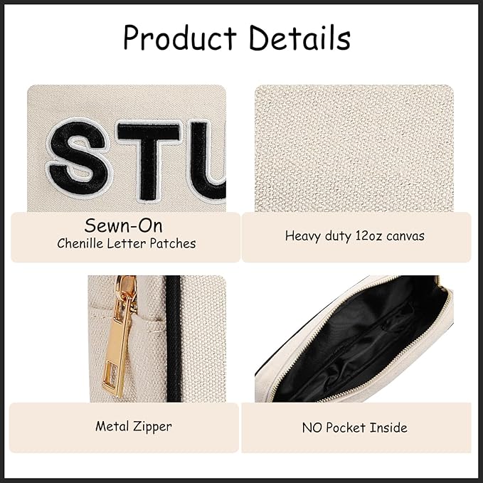 uekeboag 3Pcs Canvas Chenille Letter Medicine Makeup Bag, Small Travel Washable Organizer Bag for Purse with Zipper, Cute Personalized Gift Pouch For Women and Girls(3Pcs Bags)