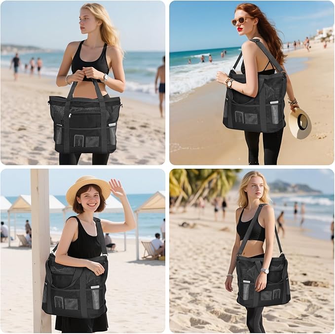 Mesh Beach Bags for Family - Women Beach Tote Bag for Toys, Towels, Travel Vacation Cruise Essentials