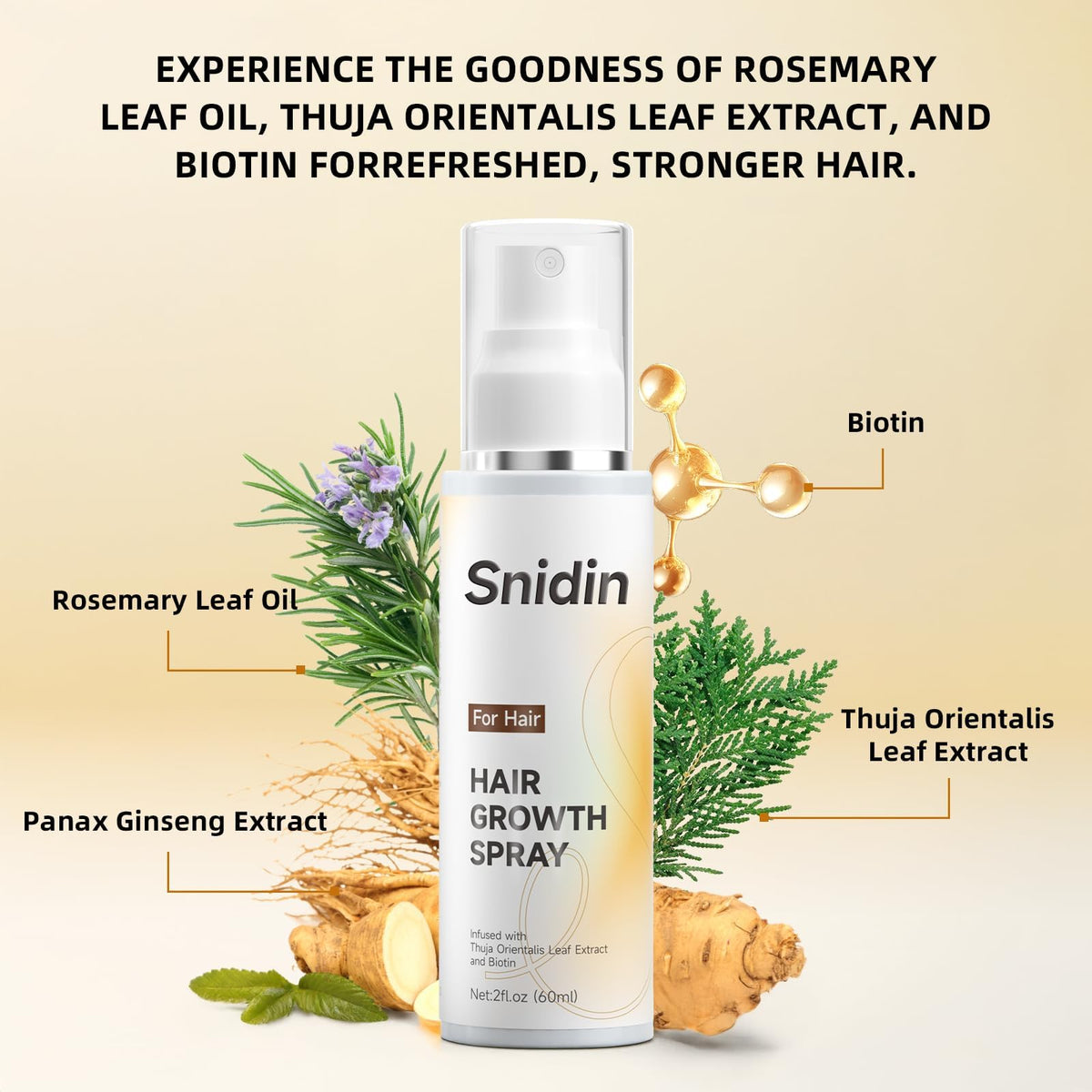 Snidin Hair Growth Spray –Biotin & Rosemary oil -Multi-Effect Scalp Treatment for Thinning Hair – With Ginseng & Arborvitae for Strengthening & Shine – 60ml per Bottle