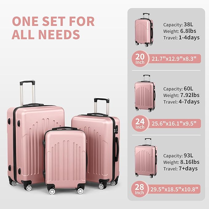 Karl home Luggage Sets 3 Piece, ABS Hardside Suitcase Set with Double Spinner Wheels & TSA Lock for Travel Business, 3-Piece Set (20/24/28), Light Pink