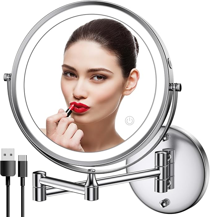 Rocollos Rechargeable Wall Mounted Lighted Makeup Mirror, 8 Inch Double-Sided LED Vanity Mirror 1X/7X Magnification,3 Color Lights Touch Screen Dimmable 360°Swivel 13 Inch Extendable