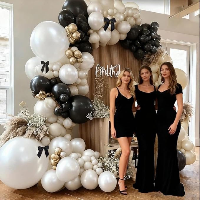 Black White Balloon Arch, Double Stuffed Pearl White Black Bow Balloon Garland Cream Ivory Sand Latex Balloons for Birthday Wedding Bridal Shower Engagement New Year Party Decorations