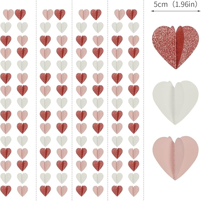 Rose-Gold Pink White Galentines-Decorations Heart Garland - 39Ft 3D Valentines Day Party Hanging Paper Streamers Banner,Engagement Wedding Bachelorette Baby Bridal Shower Mothers Decor Ouruola