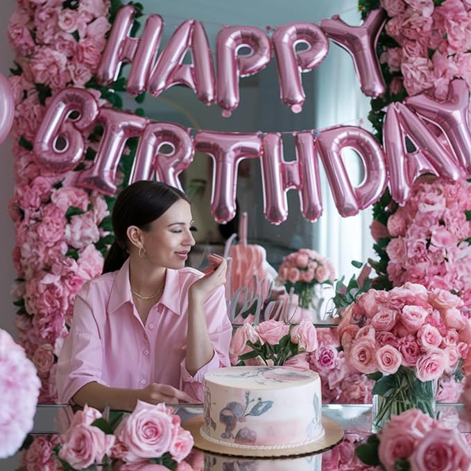Happy Birthday Balloons Banner Pink,16Inch Polyester Film Light Pink Foil Letter Balloons,Pastel Pink Happy Birthday Sign Banner Bunting for Girls Boys Women Men Birthday Party Decorations