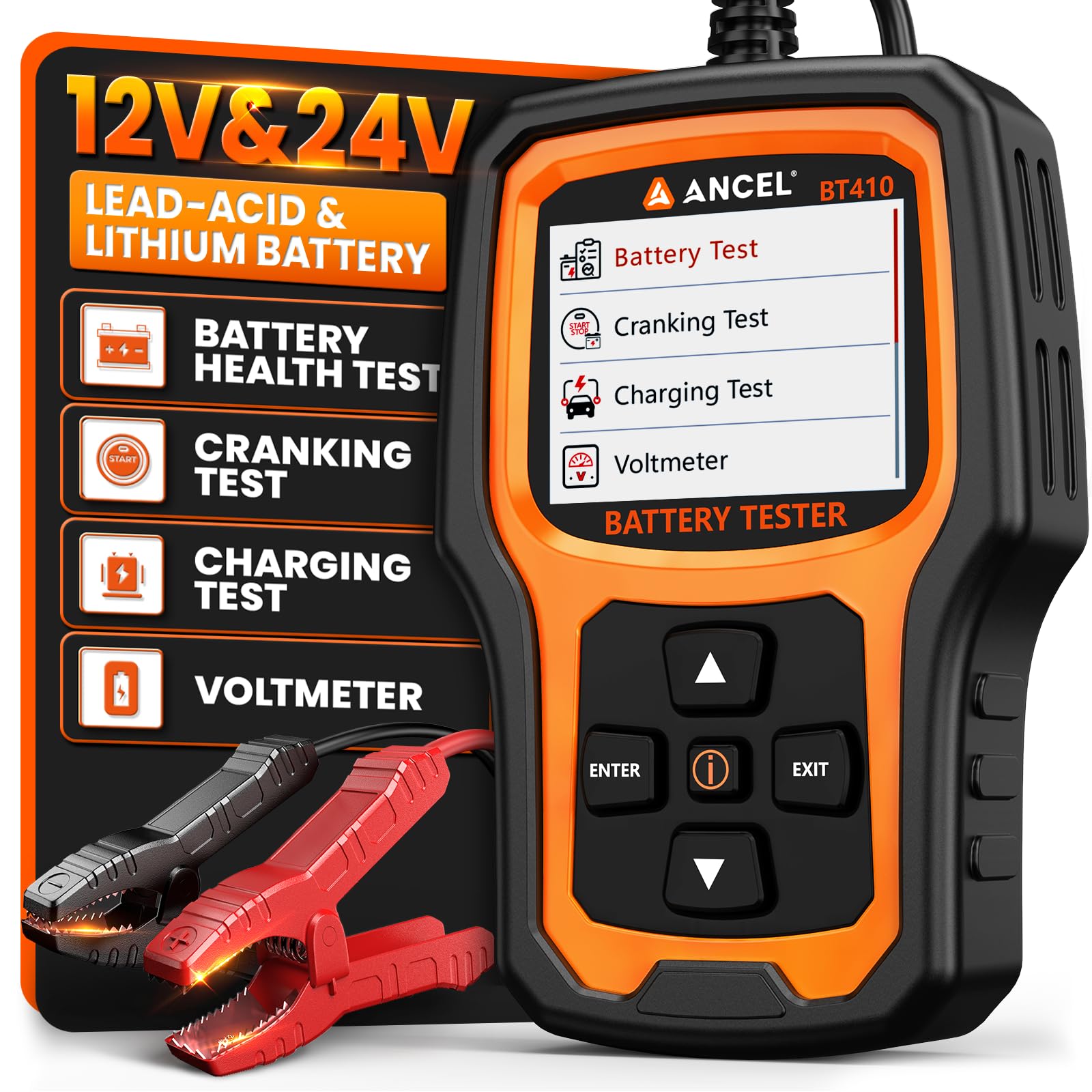 ANCEL BT410 12V 24V Car Battery Tester for Lead-Acid & Lithium Batteries, 100-2000 CCA Automotive Battery Load Tester Health Cra