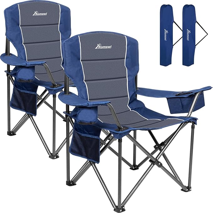 Romswi Oversized Camping Chairs,Heavy Duty Support 500 LBS,Padded Back & Arm Sport Chairs, Cup Holder Cooler Bag, Collapsible Folding Chairs for Outdoor, Fishing & Garden, Blue,2-Pack
