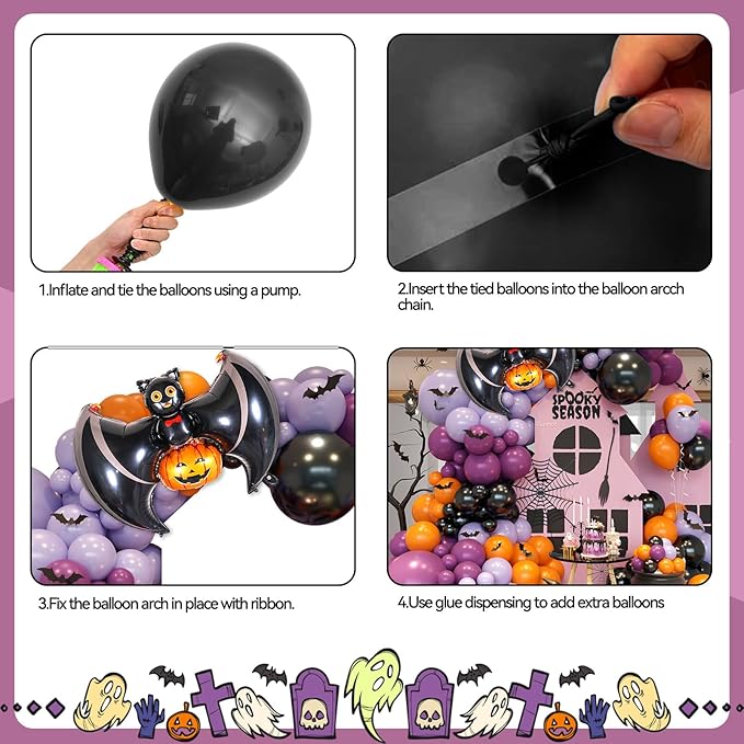 Halloween Balloon Arch Garland, Pink Purple Balloons with Star Cute Ghost Boo Foil Balloon, Metallic Purple Pink Black Latex Balloons Bat Stickers for Kids Girls Birthday Halloween Party Decorations