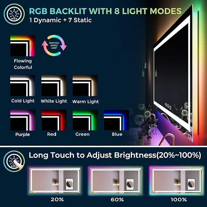 68x40 Inch RGB LED Bathroom Mirror Front Light and RGB Backlit Lighted Vanity Mirror for Bathroom Wall Mounted Dimmable Anti Fog Memory Shatter-Proof IP54 Waterproof Horizontal/Vertical