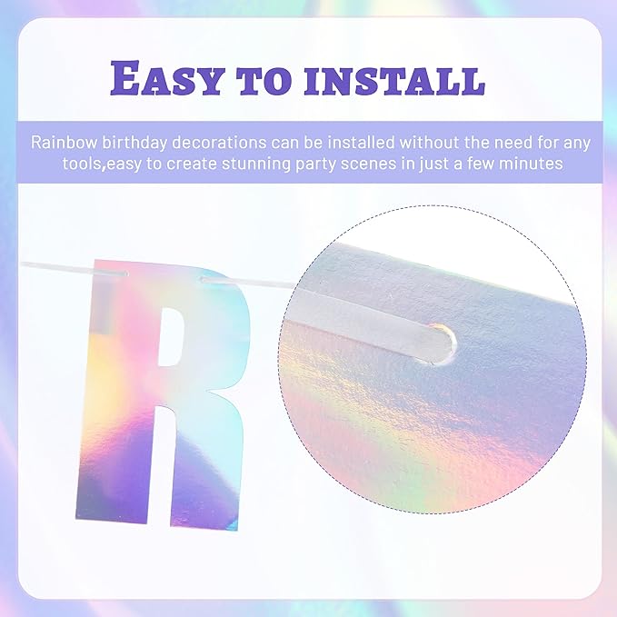 BTSD-home Iridescent Happy Birthday Banner 11ft Pre-Strung Letter Cards Reusable Cardstock Iridescent Birthday Decorations Unisex for Indoor Outdoor Holographic Party Backdrop