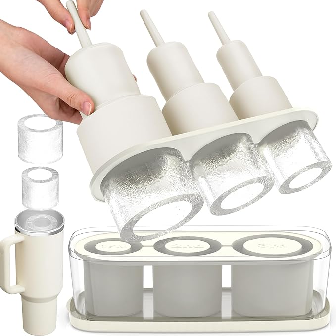 Ice Cube Tray for Tumbler Cup 30Oz-40Oz, 3 Pcs Silicone Cylinder Ice Mold with Lid and Bin for Freezer, Easy Fill and Release Ice Maker for Whiskey, Cocktail BPA-Free (White, 40Oz-Type2)