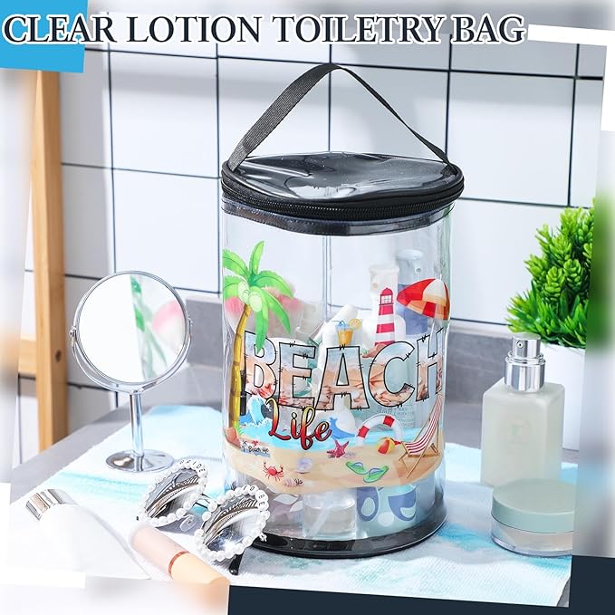 Sanwuta Beach Gifts Heavy Duty Clear Lotion Toiletry Bags for Travel Sunscreen Makeup Cosmetic Pouch Cylinder Bag Waterproof Portable Trip Bag with Handle Zipper(Beach Life)