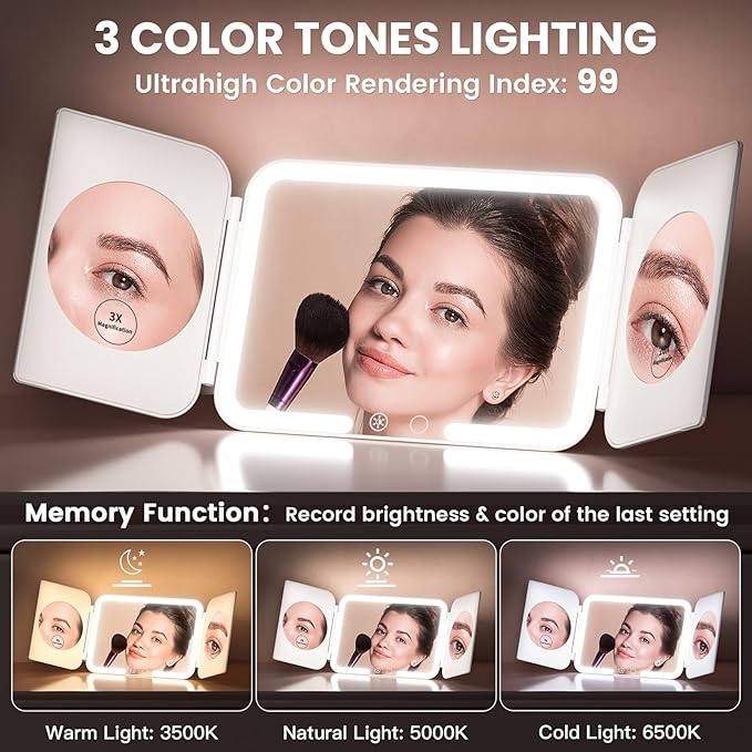 Trifold Travel Lighted Makeup Mirror, 5000mAh Rechargeable Light Up Magnifying Mirrors 1X/3X/10X, 3 Color Lighting&Stepless Dimming, Ultra Bright and Multi-Angle Adjustment