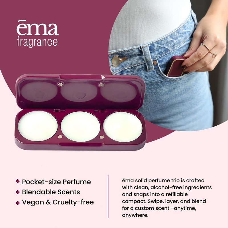 ēma Solid Perfume Travel Set Tuscan Trio: 3 Fragrance Pods (Leather, Tuberose, Fig) with Refillable Compact Case, Vegan, Alcohol-Free, Natural Solid Cologne Balm for Women & Men, Travel Size Perfume