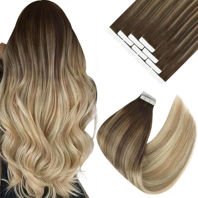 Ve Sunny Tape in Hair Extensions Human Hair, 24inch Dark Golden Blonde Highlight Platinum Blonde Tape in Extensions, Double Sided Adhesive Hair Extensions 25g