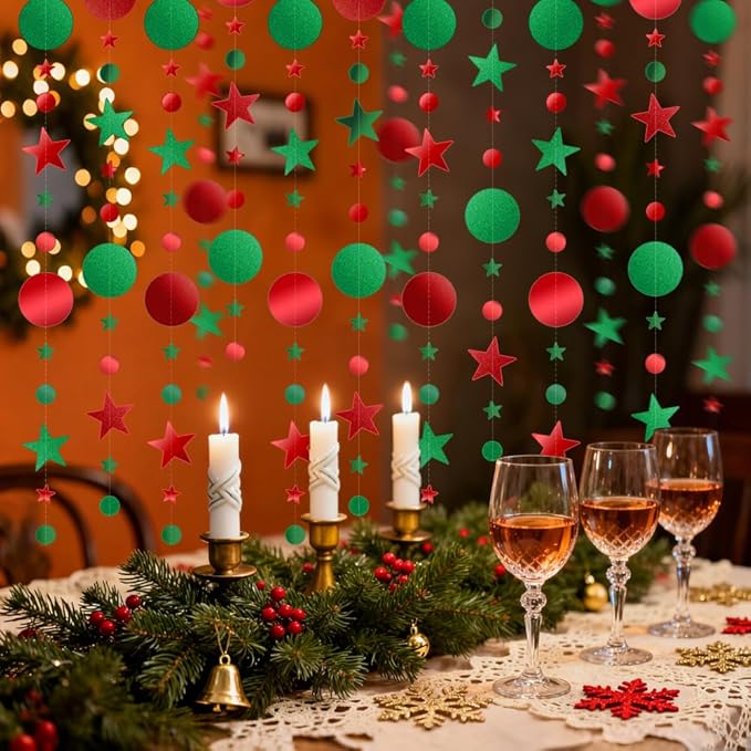 Glitter Star Garlands Decorations, 52 Feet Star Paper Garland Banner, Circle Dot Star Hanging Streamers for Valentine's Day Anniversary Wedding Birthday Ramadan Graduation Party Supplies Decorations