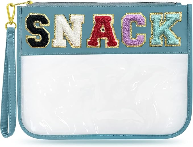 Chenille Letter Clear Travel Zipper Pouch Nylon Makeup Bag, Preppy Makeup Bag Clear Cosmetic Toiletry Bag, Water-proof Makeup Travel Pouch Snack Bags for Women (Blue-Snack)