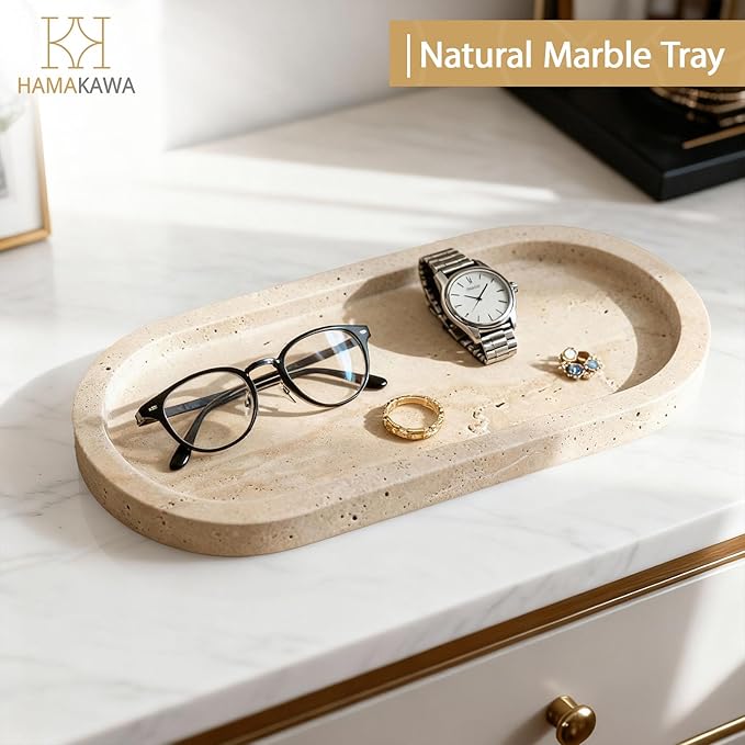 Bathroom Vanity Tray, Natural Marble Oval Tray 10 Inch, Beige Travertine Vanity Tray for Soap Dispenser Modern Countertop Organizer for Kitchen Countertops, Home Decor