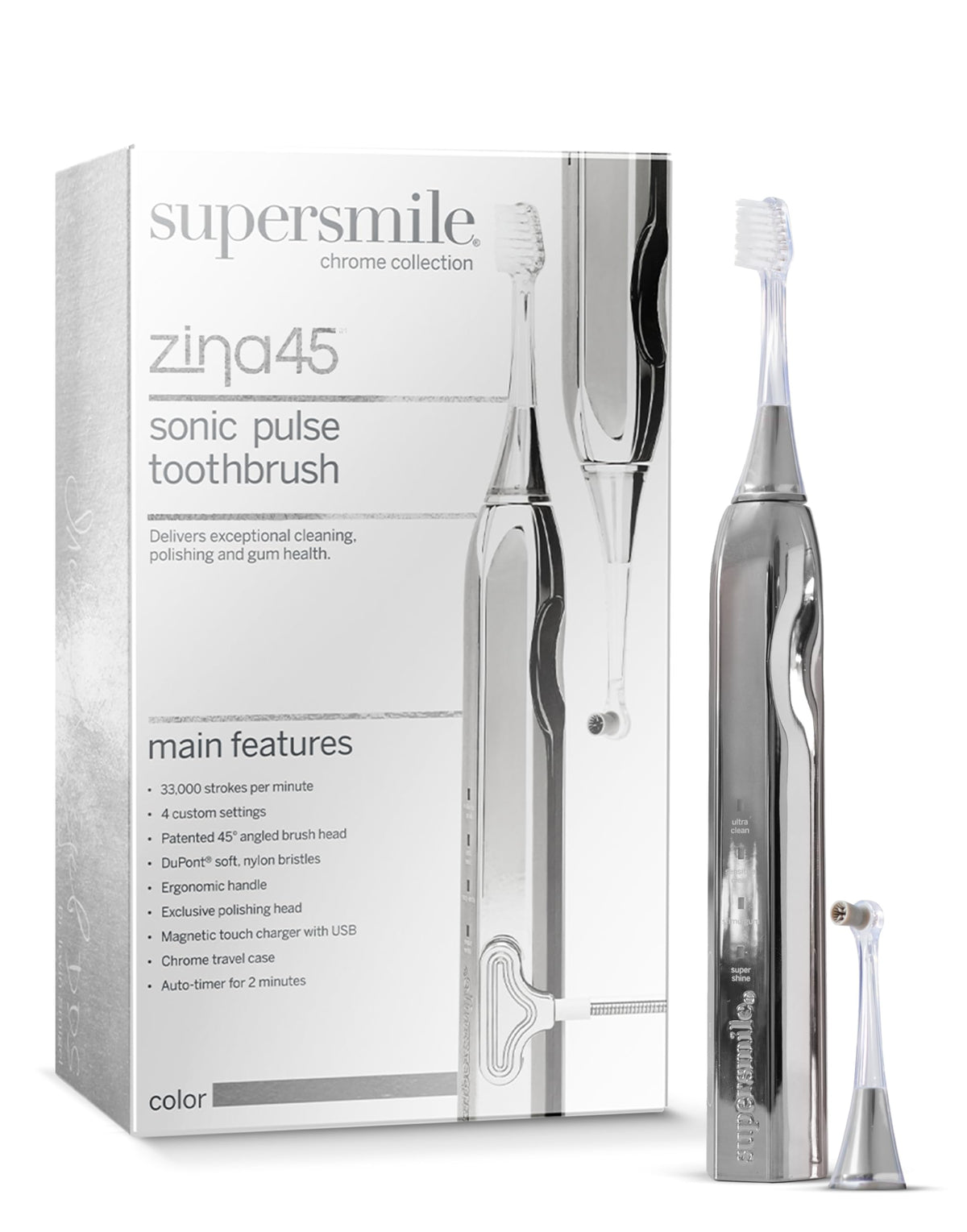 Supersmile Zina45 Deluxe Sonic Pulse Toothbrush, Silver, Rechargeable