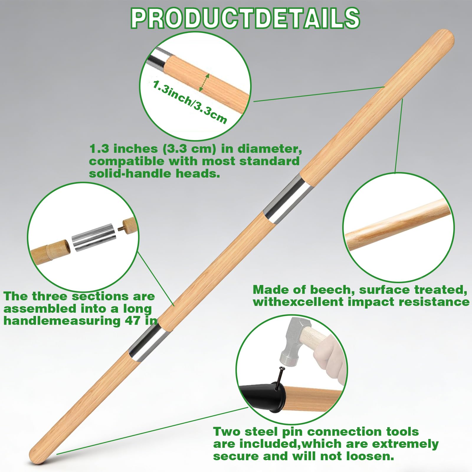 BuerKeo Wooden Hoe Handle Replacement, 47 Inch Length Wooden Pole & Rake Garden Tool Replacement Handle, 1.3 Inch Diameter Long Tapered Handles for Hollow Hoe Fork Shovels Tamper Gardening Tools