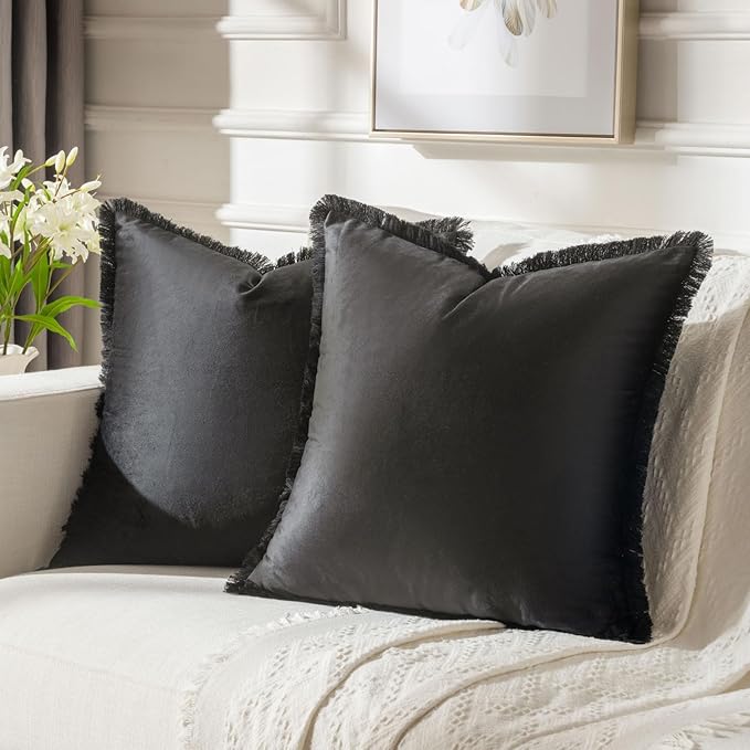FUTEI Black Velvet Decorative Throw Pillow Covers 26x26 Set of 2,Soft Cozy Edge with Tassels Euro Pillow Shams,Boho Modern Home Decor for Couch Bed Living Room