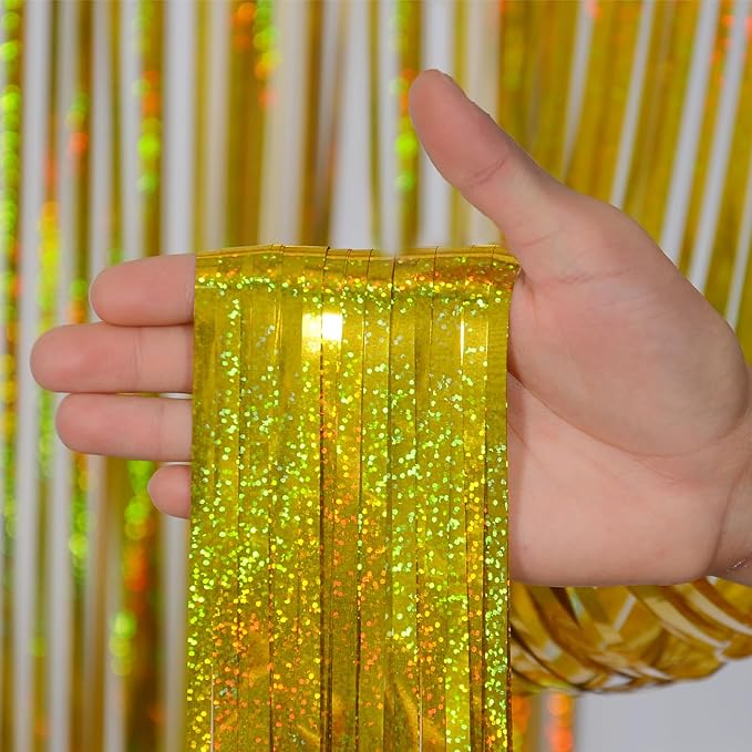 Graduation Decorations 2026 Foil Fringe Curtains - Melsan 3 Pack 3.2 x 8.2 ft Gold Tinsel Curtain Party Photo Backdrop for Birthday Party Happy Retirement Baby Shower or Graduation