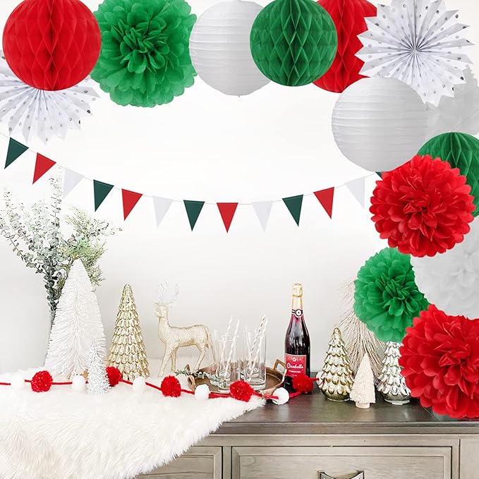 Red-Green White Party Decorations - 14pcs Winter Birthday New Year Paper Lanterns Fan,Italian Tissue Pom Poms Streamers,Honeycomb Balls, Wedding Baby Shower Decor Lasting Surprise