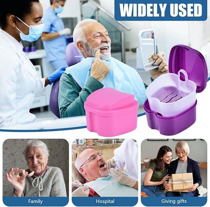 2 Pack Colors Denture Bath Case Cup Box Holder Storage Soak Container with Strainer Basket for Travel Cleaning (Pink and Purple)
