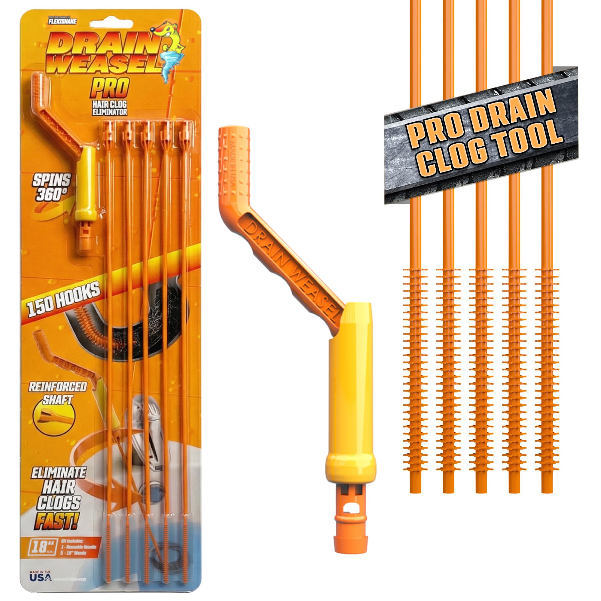 FlexiSnake Pro Drain Weasel Sink Snake Hair Clog Remover Tool, 5 Wands