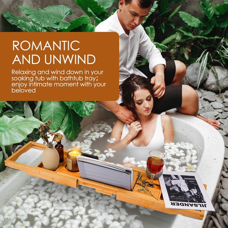 Foldable Bathtub Caddy Tray, Bamboo Bath Tub Tray Table for Tub with Wine Glass Holder Book Phone Tablet Holder with Extending Sides, Adjustable Bathroom Bathtub Free Soap Holder Gift Idea (Beige)
