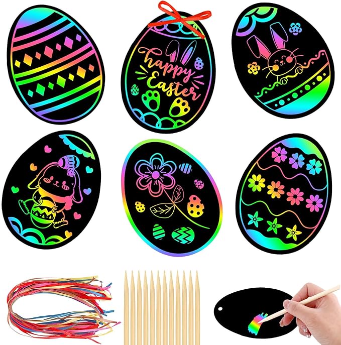 JULMELON 36 PCS Easter Egg Scratch Art for Kids, Rainbow Magic Scratch Paper Easter Crafts for Kids Gifts School Classroom Activities Project Party Favors Basket Fillers