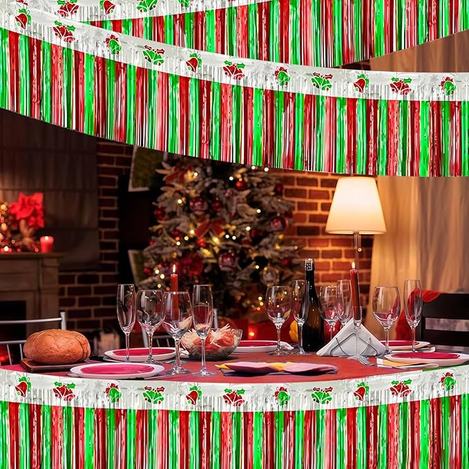 4 Packs 10 Feet Long Foil Fringe Christmas Garland Red Green Silver Tinsel Metallic Streamers Bells Wall Hanging Banner for Car Parade Floats Table Skirts Indoor Xmas Party Decorations