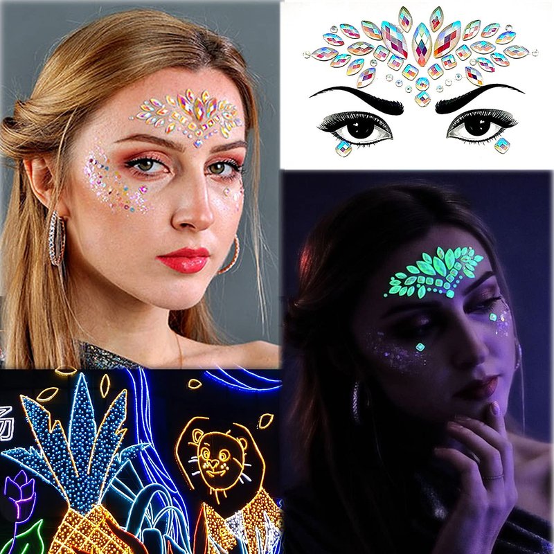 8Sets Noctilucent Face Gems Body Stickers Glow in the Dark Luminous Face Jewels fluorescent face tattoo crystals rhinestone sticker body jewelry for Halloween