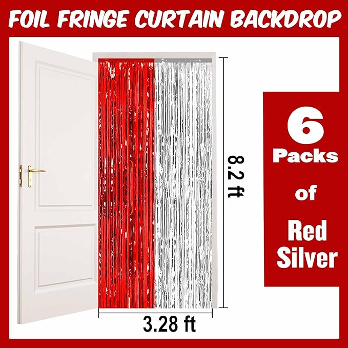 6 Pack Red and Silver Foil Fringe Curtains Backdrop, 3.28 x 8.2 Ft Metallic Streamers Tinsel Curtains Background for Photo Booth, Birthday, Christmas, Halloween, New Year Party Decorations
